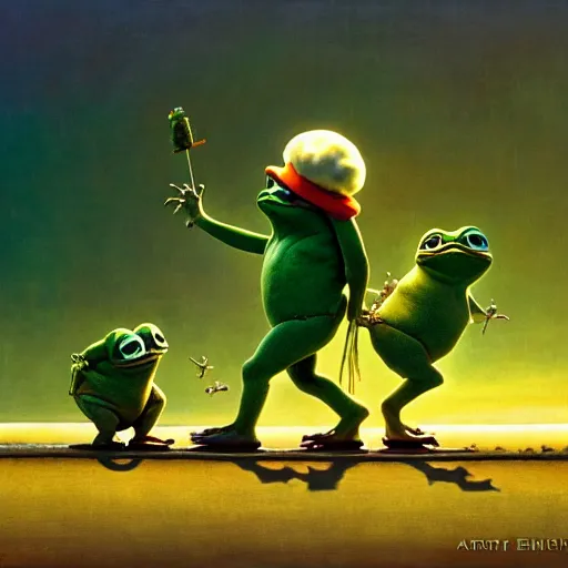 Image similar to pepe the frog walking in summer dawn, funny sunny atmosphere, positive vibe, norman rockwell, bao phan, bruce pennington, larry elmore, oil on canvas, deep depth field, masterpiece, cinematic composition, hyper - detailed, hd, hdr