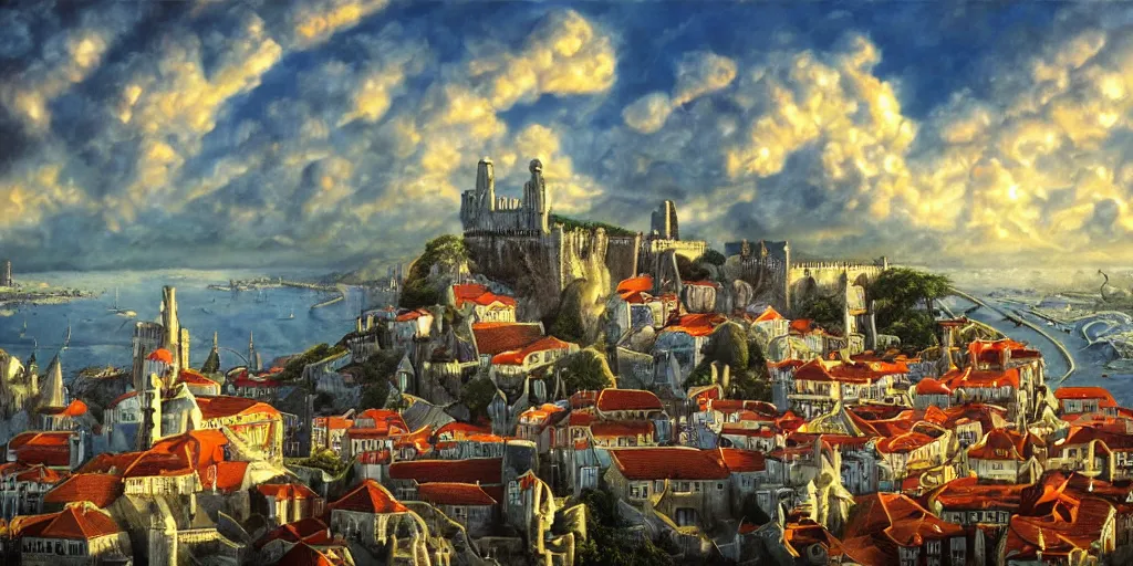 Image similar to fantasy oil painting, megalithic city of lisbon, fantasy, buildings, looming, colossal, gate, small buildings, warm lighting, street view, daytime, silhouetted figure standing overlooking the port city, epic, distant mountains, bright clouds, luminous sky, cinematic lighting, michael cheval, michael whelan, artstation, oil painting, vray, 8 k hd