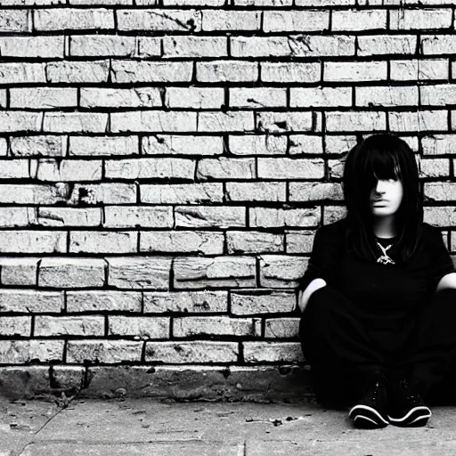 Image similar to a photograph of an emo goth girl sitting on a brick wall in front of a British house on a hot day, 2006, black hair