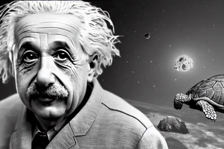 Image similar to still photo of sad albert einstein in spacesuit, giant flat earth on turtles at background, highly detailed, photorealistic shot, bright studio setting, studio lighting, crisp quality and light reflections, unreal engine 5 quality render