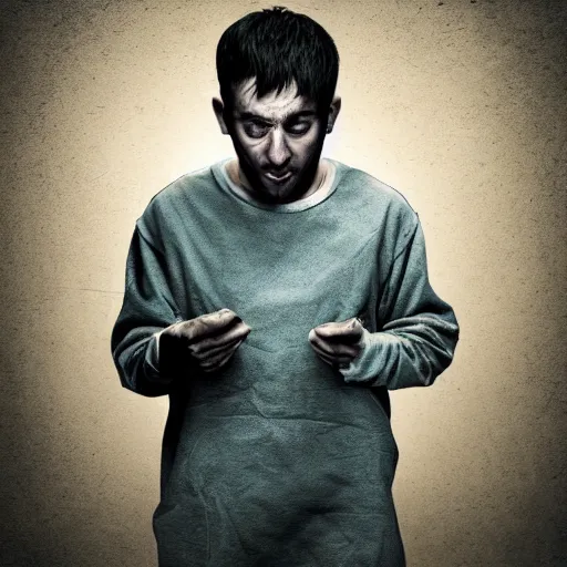 Prompt: sad prisoner using and ipad, prison cell, photorealistic, frustrated expression, dark, hopeless, gloomy