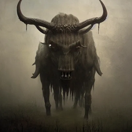 Image similar to a creepy atmospheric painting of a slender humanoid minotaur creature emerging from the mist. painting by greg rutkowski and hr giger.