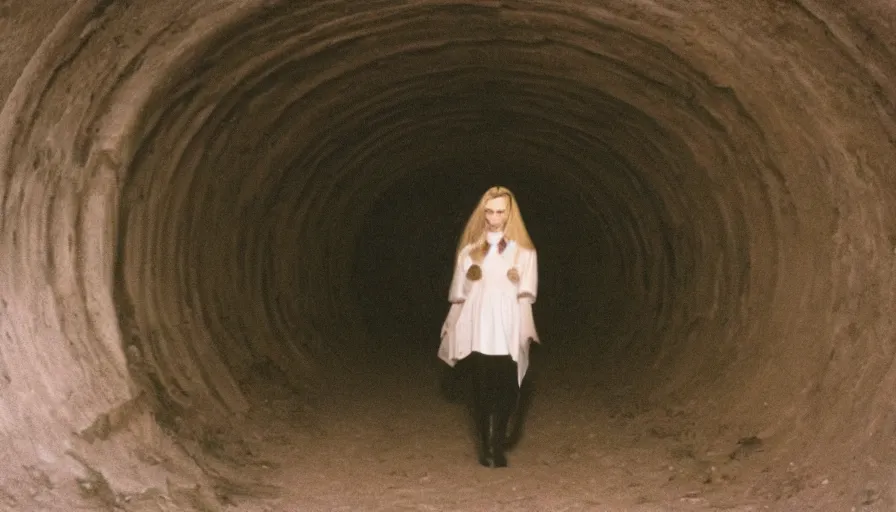 Image similar to portrait of a white female phantom an empty soviet tunnel, cinestill 800t 35mm, heavy grain, high quality, liminal space style