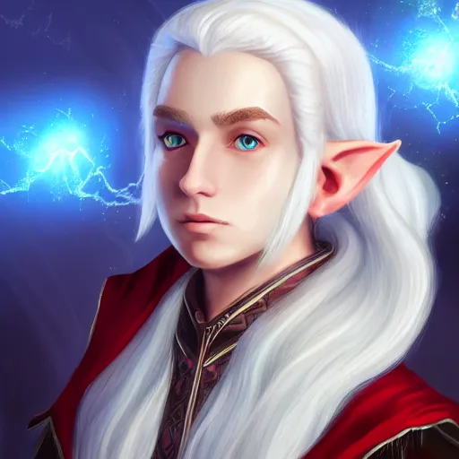 Image similar to Beautiful white haired aged fair skinned scholar elf with spell scroll and lightning background, realism, digital painting, detailed artwork, portrait, mythical, artstation