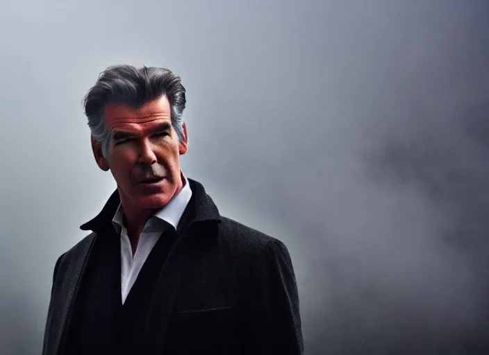 Image similar to film footage of pierce brosnan as giant monster in a foggy city, eerie, 8 k, 8 5 mm f 1. 8, studio lighting