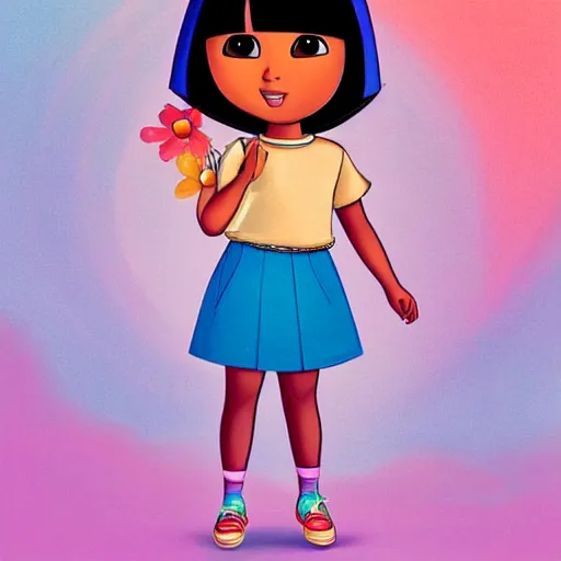 Prompt: dora the explorer as real girl in happy pose, detailed, intricate complex background, Pop Surrealism lowbrow art style, muted pastel colors, soft lighting, 50's looks by Kanjana Khumcruth (Gan)