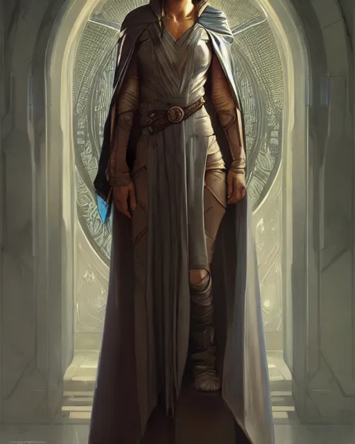 Image similar to a robed high republic jedi knight, fantasy character portrait, ultra realistic, intricate, elegant, highly detailed, digital painting, artstaion, smooth, sharp, focus, illustration, art by artgerm and greg rutkowski and alphonse mucha