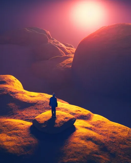 Prompt: a man standing in the middle of a mountain looking at a glowy shape, a render by filip hodas, behance contest winner, environmental art, rendered in cinema 4 d, volumetric lighting