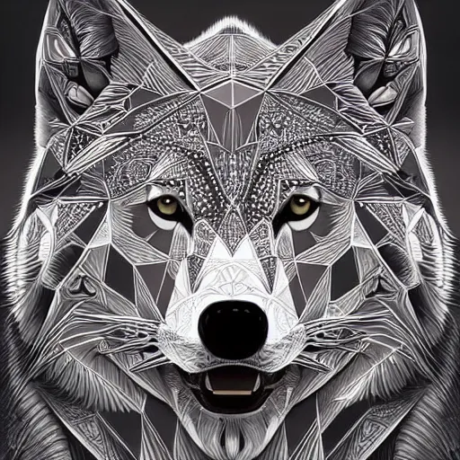 Prompt: Geometric Wolf, intricate, elegant, highly detailed, digital painting, artstation, concept art, smooth, sharp focus, illustration, art by artgerm