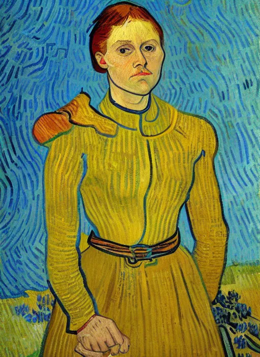 Image similar to !! portrait of joan d'arc!! by van gogh, detailed expressionist oil painting masterpiece with detailed face, 8 k resolution, smooth, sharp focus