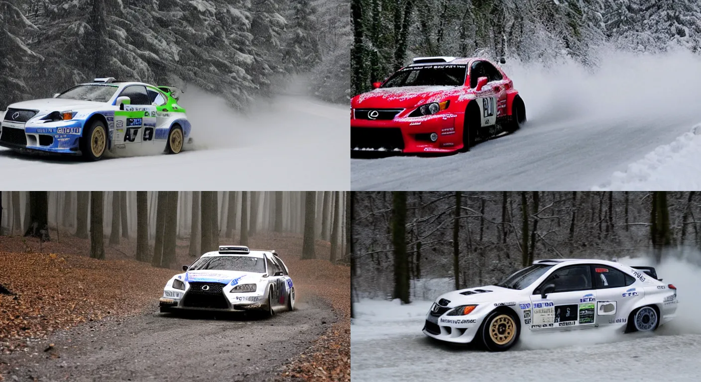 Prompt: a 2 0 0 6 lexus is 3 5 0, racing through a rally stage in a snowy forest