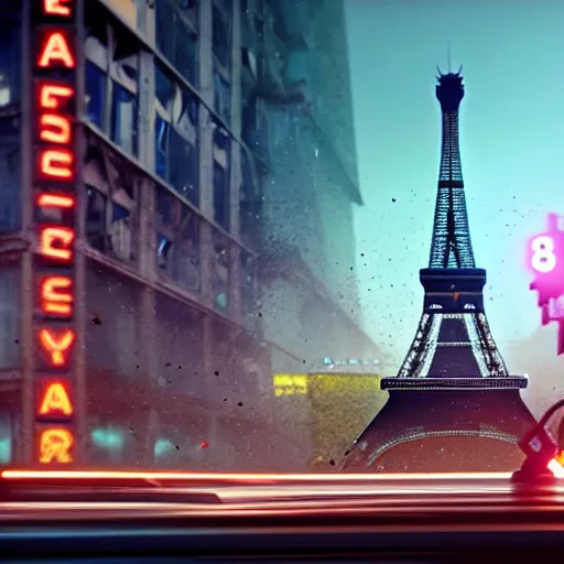 Image similar to A beautiful intricate 8K award-winning ground-level cinematic movie photograph of the future destroyed and decaying Eiffel Tower, surrounded by neon and collapsing corporate video billboard displays. in the year 2050, by Bruno Delbonnel and greg rutkowski. octane render, Arri Alexa 65. Cinematic lighting