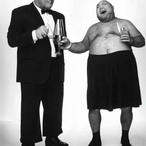 Prompt: fat patrick stewart in a dress drinking alcohol