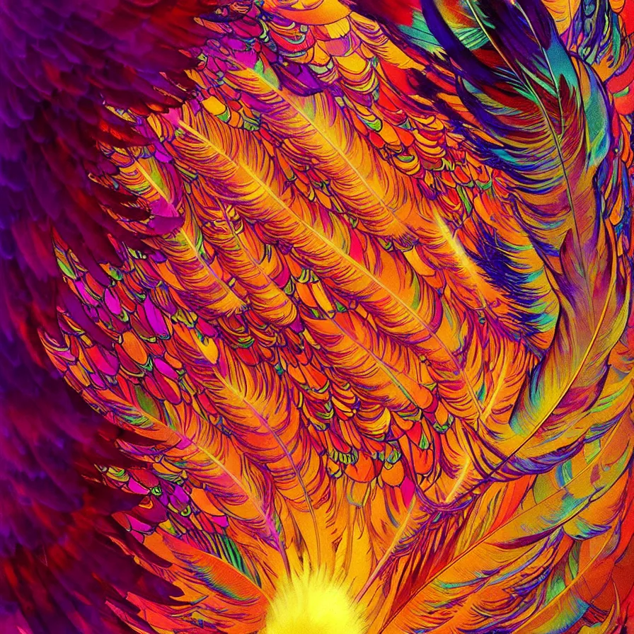 Image similar to feathers of innocent psychedelic transcendent feather mind bending psychedelic wings of glossy liquid honey flowing like kaleidoscopic translucent holograph, lsd feathers, feathery fluff, enlightenment, high contrast dappled lighting, refracted sunset, highly detailed, concept art, art by collier, albert aublet, krenz cushart, artem demura, alphonse mucha