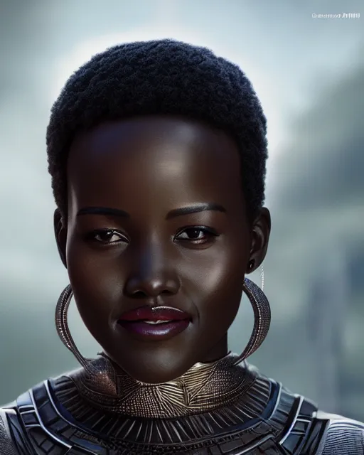 Image similar to 5 5 mm portrait photo of lupita nyongo as black panther. long hair. magical atmosphere. art by artgerm and greg rutkowski. highly detailed 8 k. intricate. lifelike. soft light. nikon d 8 5 0.