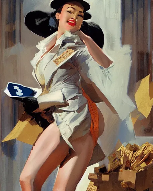 Image similar to burlesque woman selling bitcoin, commercial, buy bitcoin, craig mullins, j. c. leyendecker