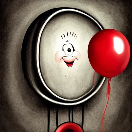 Prompt: surrealism grunge cartoon portrait sketch of an hour glass with a wide smile and a red balloon by - michael karcz, loony toons style, mona lisa style, horror theme, detailed, elegant, intricate