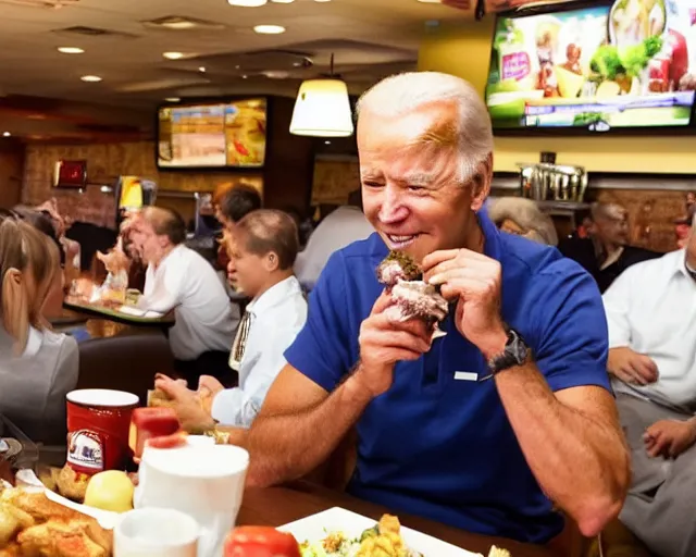 Prompt: a photo of joe biden eating at the applebee's