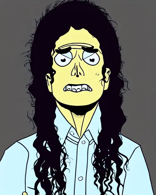 Image similar to portrait of michael jackson in the style of justin roiland. cinematic lighting. style of rick & morty. photographic, photography. by justin roiland