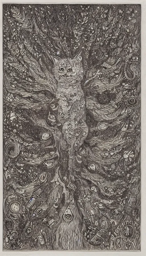 Prompt: The end of an organism, by Louis Wain engraved on a wooden board, collored