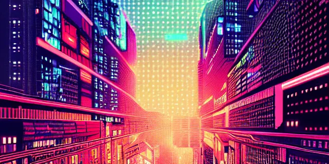 Image similar to network of technological dots floating in the middle of a cyberpunk tokyo 2 0 9 9 city, in the art style of dan mumford and marc simonetii, atmospheric lighting, intricate, volumetric lighting, beautiful, sharp focus, ultra detailed