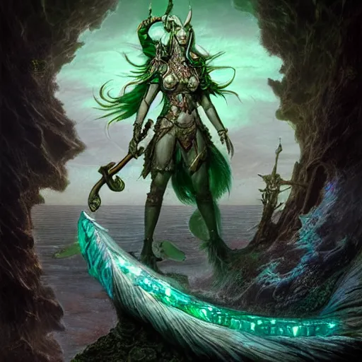 Image similar to a beautiful detailed 3d matte portrait of a triton with green hair, wearing studded leather armor, wielding a staff with a glowing red crystal, male, dungeons and dragons character, standing beside the ocean, by ellen jewett, by tomasz alen kopera, by Justin Gerard, ominous, magical realism, texture, intricate, skull, skeleton, whirling smoke, alchemist bottles, radiant colors, fantasy, volumetric lighting, high details