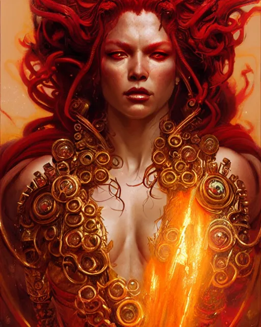 Image similar to fierce medusa in a red and golden robe, fantasy character portrait, ultra realistic, concept art, intricate details, highly detailed by greg rutkowski, gaston bussiere, craig mullins, simon bisley