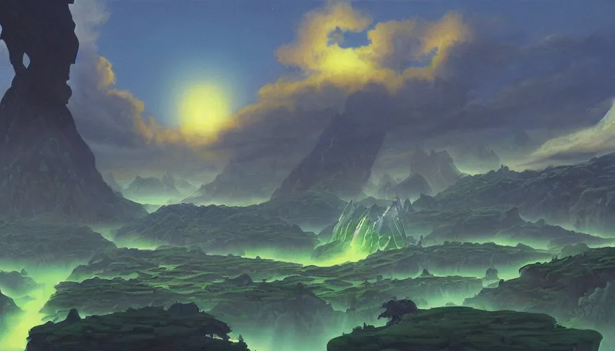 Prompt: landscape painting of Nagrand from World of Warcraft, floating isles, waterfalls, astral sky, art by chesley bonestell