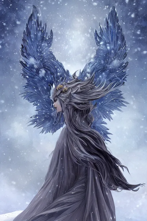 Prompt: azure wolf with wings, standing facing front, regal, elegant, winter, snow, moonlit, hd, illustration, epic, d & d, fantasy, intricate, elegant, highly detailed, digital painting, artstation, concept art, smooth, sharp focus, illustration, wallpaper, art by artgerm and greg rutkowski and alphonse mucha and jin xiaodi