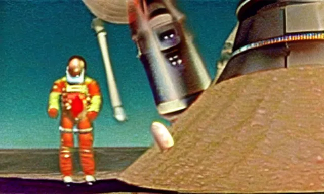 Prompt: full - color cinematic movie still from a 1 9 6 8 surreal film directed by salvador dali about astronauts traveling to the moon in a rocket - ship. bizarre ; dream - like.