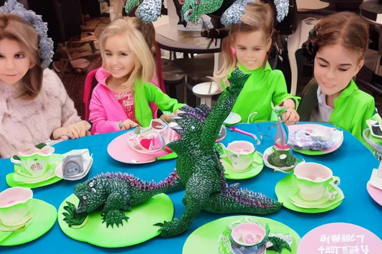 Prompt: Godzilla tea party with Barbie, plastic barbie doll, green rubber suit godzilla