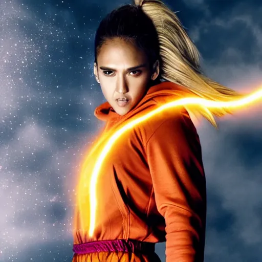 Image similar to face photo of jessica alba as super saiyan as goku powering up wearing hoodie electric energy dramatic lighting by annie leibovitz