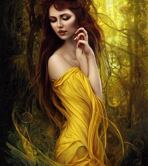 Image similar to goddess of life, lush forest, digital art, yellow silk dress, portrait by artgerm and karol bak