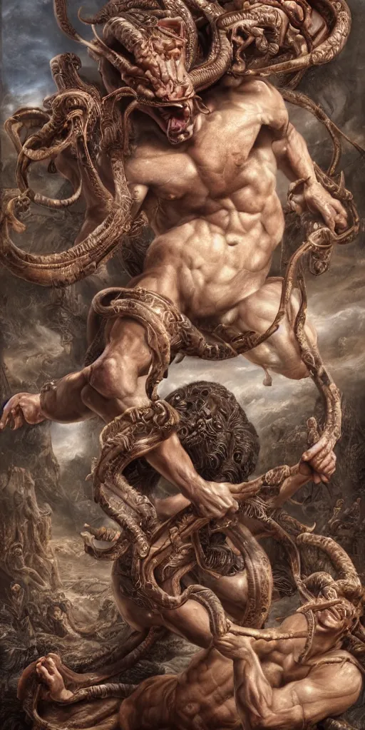 Prompt: Minotaur vs medusa gorgon, realistic, detailed, highly detailed, hyper detailed, high definition, extremely detailed oil painting, beautiful composition, trending on artstation, award-winning photograph, masterpiece, intricate, portrait, 8k highly professionally detailed, HDR, CGsociety