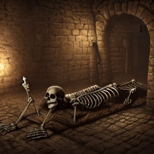 Image similar to skeleton laying in a dungeon, moody atmosphere, medieval prison, dungeon cell, prison cell, dusty, artstation award, ultra - realistic, illustration, bones