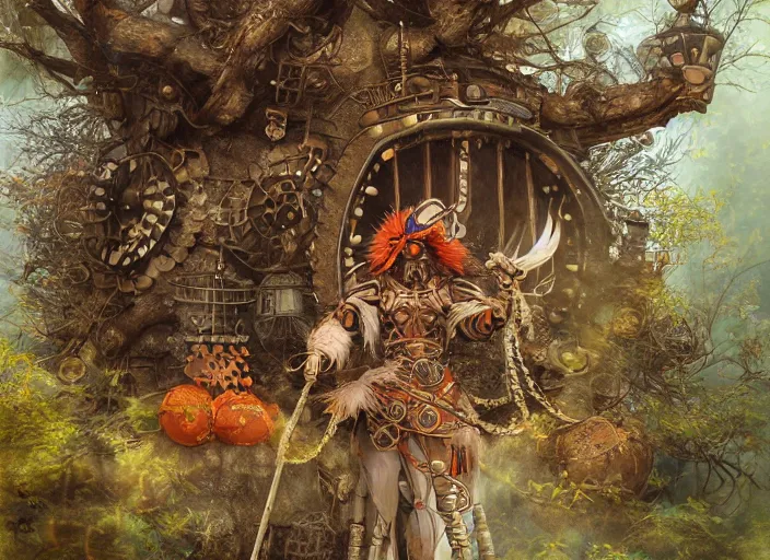 Image similar to ashigaru steampunk - inspired feathered mic, colorful plumage, lacquered armor, cute but determined, hard focus, art station, by jessica rossier and brian froud, cinematic fantasy painting, orange grey white, in a woodland glade