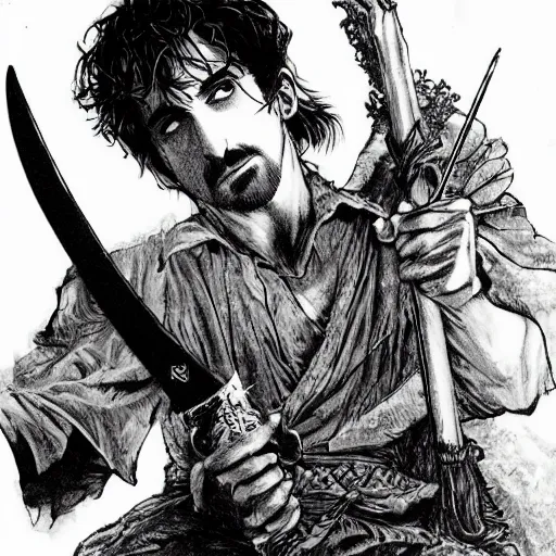 Image similar to pen and ink!!!! attractive 22 year old Frank Zappa x Ryan Gosling golden Vagabond magic swordsman glides through a beautiful battlefield magic the gathering dramatic esoteric!!!!!! pen and ink!!!!! illustrated in high detail!!!!!!!! by Hiroya Oku!!!!! Written by Wes Anderson graphic novel published on shonen jump 2049 award winning!!!!