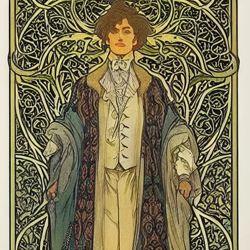 Prompt: dorian gray, master magician by william morris and mucha ( ornate intricate geometry )