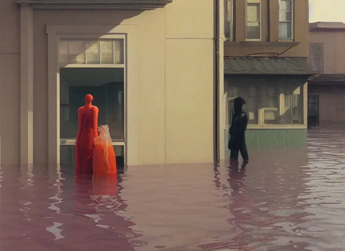 Prompt: woman with mohawk dressed in transparent plastic bags, on flooded street Edward Hopper and James Gilleard, Zdzislaw Beksinski, highly detailed