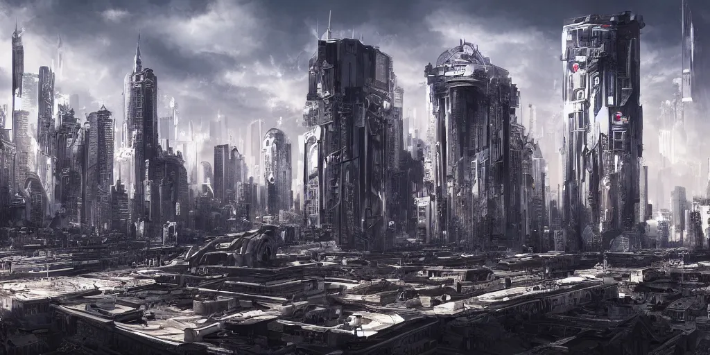 Image similar to futuristic roman empire cityscape with advanced technology, dark setting, 4 k, digital art