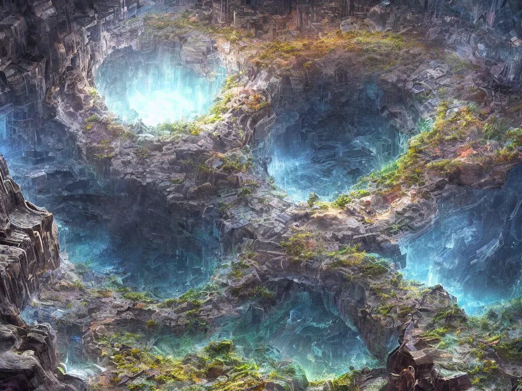 Image similar to a giant sinkhole with transparent pixels at the center, digital painting, trending on artstation, deviantart, 8k, epic composition, intrinsic details, perfect coherence