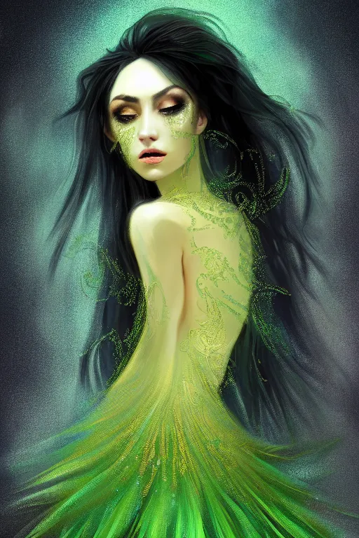 Image similar to a magic the gattering portrait illustration of a woman , fantasy, gradient black green gold, dreamy and ethereal, green eyes, golden ratio, peaceful expression, ornate frilly dress, fantasy, intricate, elegant, ghost, etearal, highly detailed, digital painting, artstation, concept art, smooth,b sharp focus, illustration, art by scott fisher AND artbreeder