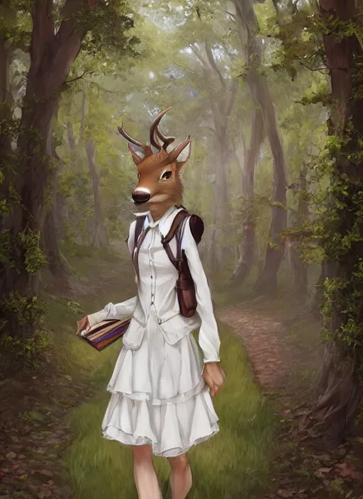 Prompt: beautiful portrait commission of a shy female furry anthro whitetail deer fursona wearing a white blouse and a knee-length skirt, holding a bookbag while walking through a college campus, intricate, elegant, highly detailed, digital painting, artstation, concept art, smooth, sharp focus, illustration, art by Krenz Cushart and Artem Demura and alphonse mucha