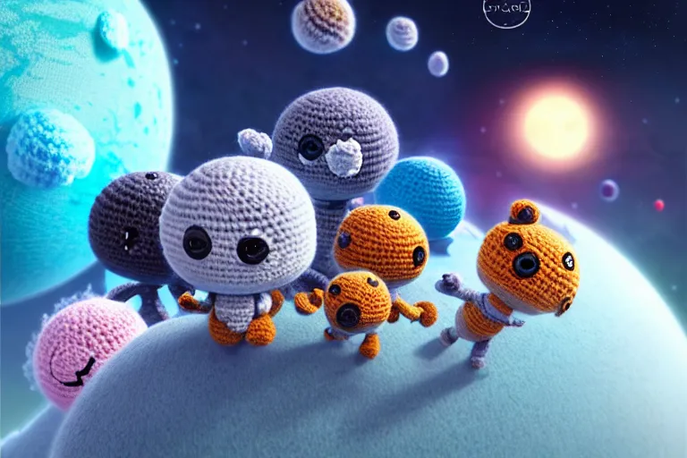 Prompt: an expedition of crochet cute astronauts discovering a new fluffy planet made out of yarn. cute, illustration, digital art, inspired by little big planet, by greg rutkowski, detailed, sharp, masterpiece, highly detailed, photorealistic, octane render, 8 k, unreal engine 5, trending on artstation, vivid colors