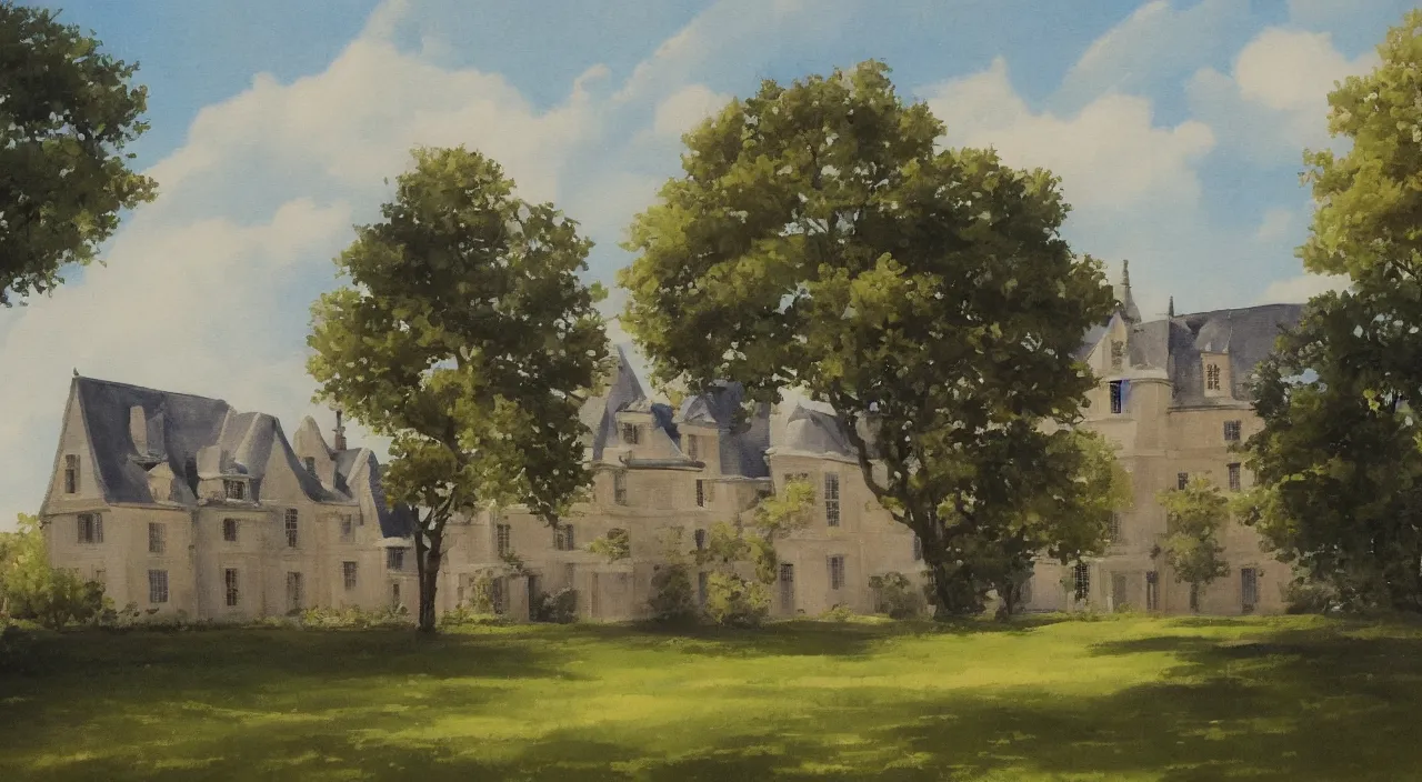 Image similar to a landscape painting of a French manor, in the style of anime