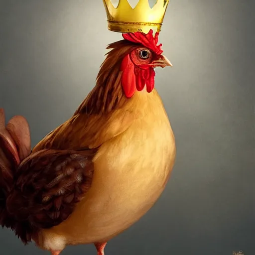 Image similar to a chicken animal wearing a small golden crown on its head. By Makoto Shinkai, Stanley Artgerm Lau, WLOP, Rossdraws, James Jean, Andrei Riabovitchev, Marc Simonetti, krenz cushart, Sakimichan, trending on ArtStation, digital art. Animal photo.