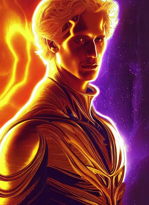 Image similar to portrait of Marvel's Adam Warlock, gold sci-fi armour, tech wear, glowing lights!! sci-fi, intricate, elegant, highly detailed, digital painting, artstation, concept art, smooth, sharp focus, illustration, art by artgerm and greg rutkowski and alphonse mucha