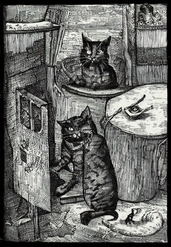 Image similar to [Dark medieval illustration of a cat watching youtube on a computer]