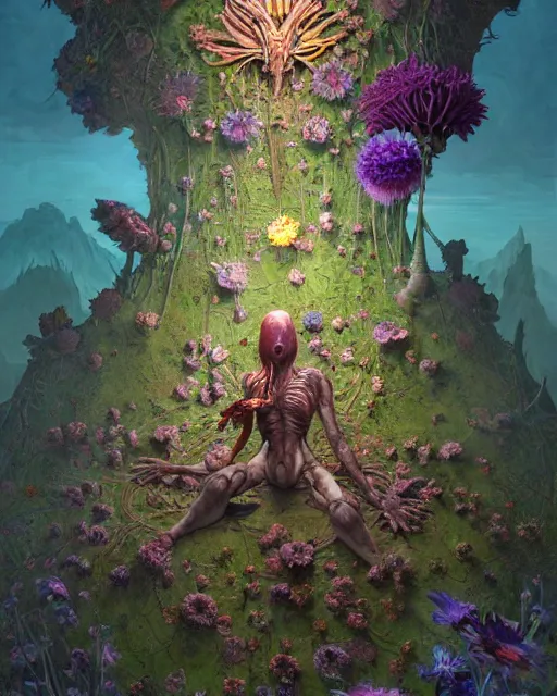 Image similar to the platonic ideal of flowers, rotting, insects and praying of cletus kasady carnage davinci dementor chtulu mandelbulb mandala ponyo dinotopia the witcher, fantasy, ego death, decay, dmt, psilocybin, concept art by randy vargas and greg rutkowski and simon stalenhag and alphonse mucha