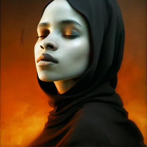 Image similar to a portrait of a young black woman wearing a long dark cloak, hood and shadows covering face, anatomically correct, beautiful perfect face, enigmatic, oil painting, matte painting, black background, Volumetric dynamic lighting, Highly Detailed, Cinematic Lighting, Unreal Engine, 8k, HD, by Beksinski